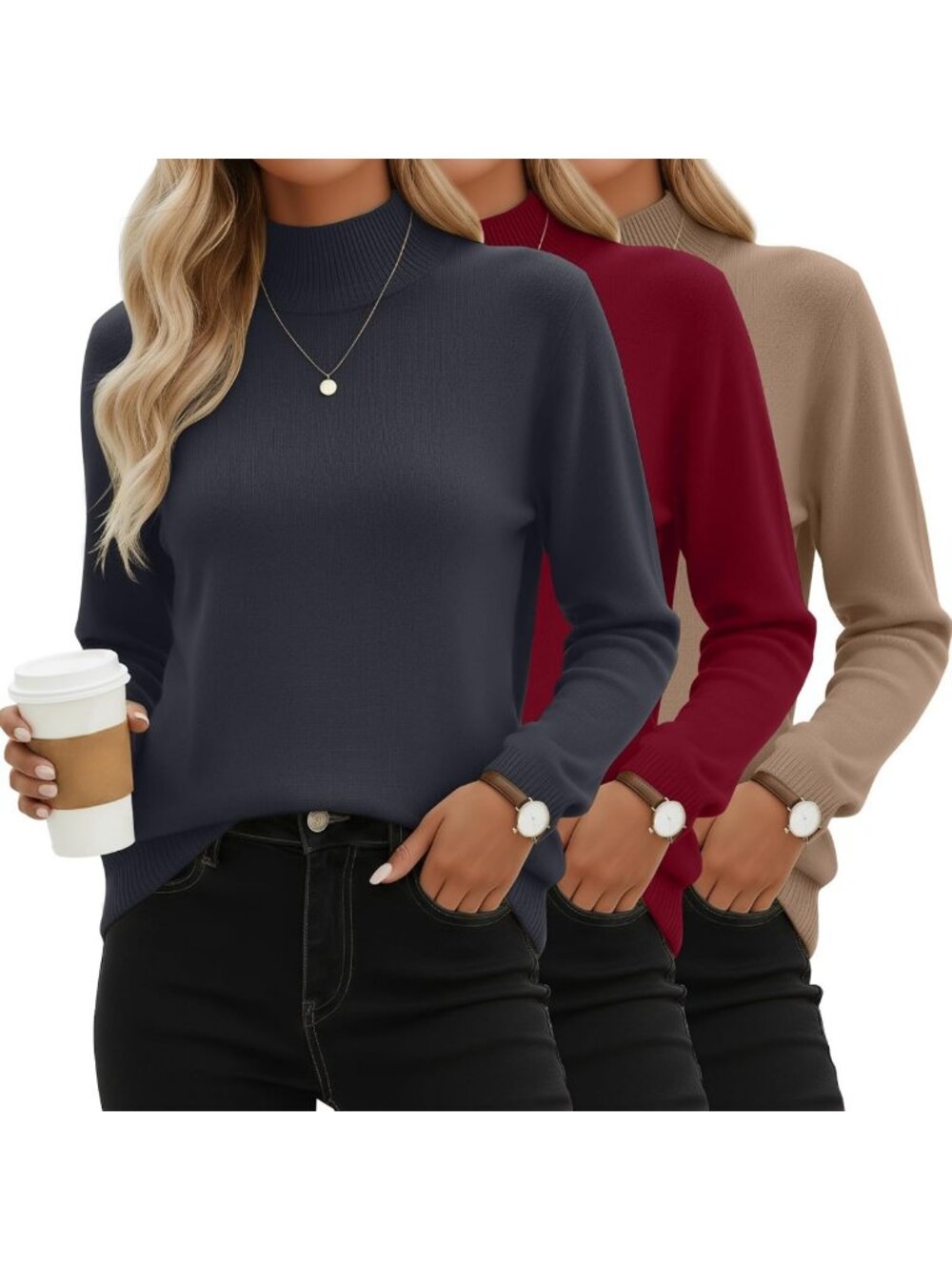 Cozy 3-Pack Women's Mock Turtleneck Sweaters - Stylish Crew Neck Tops
